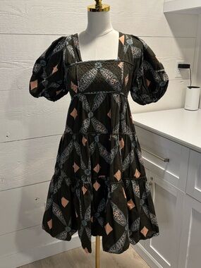 Ulla Johnson Puff Sleeve Tiered Mini Dress Quilted Bodice Print XS